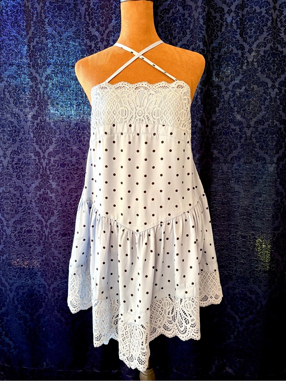 NWOT Free People Blue Polka Dot Slip Mini Dress Sz S Dropped Waist Lace Trim